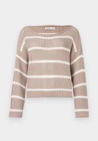 Beige Strickpullover mit weißen horizontalen Streifen, breitem Ausschnitt und langen Ärmeln. Weiche Textur mit lockerer Passform.