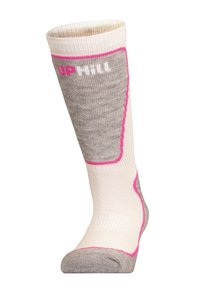 Kniestrümpfe in Weiß mit grauen und rosa Akzenten. Sie verfügen über eine gerippte Textur, eine verstärkte Ferse und den Text "UPHILL" auf der Vorderseite.