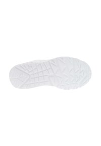Suola di sneaker bianca in gomma testurizzata, con un motivo a tasselli geometrico e bordi lisci, progettata per trazione e durata.