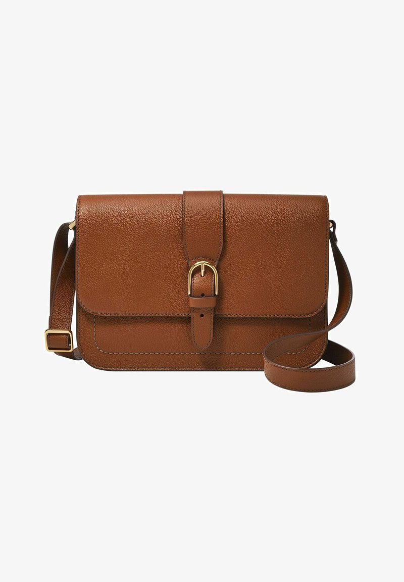Brown leather crossbody bag with a smooth texture, a flap closure, gold hardware buckle, and a detachable strap. Rectangular shape.