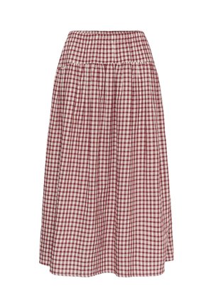 Midi suknja s elastičnim strukom, s nabranim dizajnom i crveno-bijelim gingham kockastim uzorkom.