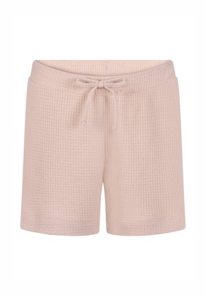 Lichtroze short van wafelkatoen met een elastische tailleband en een vooraan verstelbare trekkoord, ontworpen voor casual gebruik.