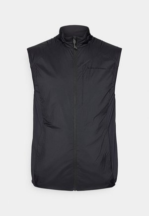 Black sleeveless vest made of lightweight material, featuring a high collar and front zipper. Simple design with subtle branding on the chest.