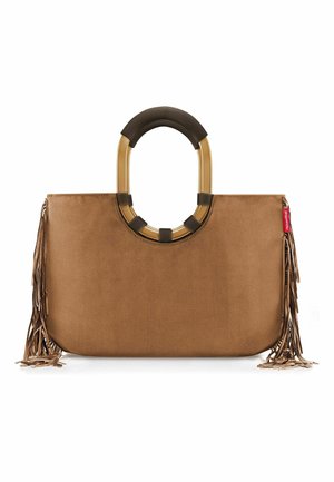 Braune Wildlederhandtasche mit runden Bambusgriffen und langen Fransen an beiden Seiten, mit kleinem rotem Markenzeichen rechts.