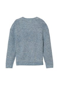 Blauer gestrickter Pullover mit gerippter Textur, Rundhalsausschnitt und langen Ärmeln. Der Rücken hat ein nahtloses Design und eine lockere Passform.