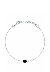 Braccialetto in catena argento con pendente ovale nero. La catena ha maglie sottili e un moschettone con lunghezza della catena regolabile.