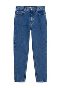 Jean en denim bleu taille haute, jambes droites, poches avant, passants de ceinture et fermeture à bouton.
