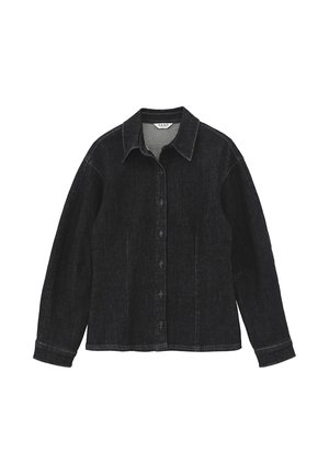 Zwart denim overhemd met een kraag, lange mouwen en een knoopsluiting aan de voorkant. Heeft een losse pasvorm en zichtbare stiksel details.
