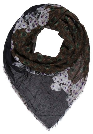 Czarny szalik z białymi i fioletowymi kwiatowymi wzorami na brzegach oraz zielono-brązowym abstrakcyjnym wzorem w pobliżu środka.