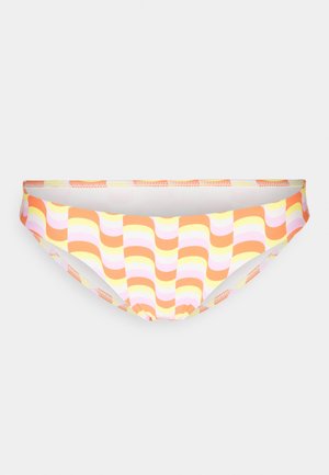 Mønstrete bikini-bunn med bølgede striper i oransje, rosa og gule nyanser. Laget av glatt, elastisk materiale med sømmer langs kantene.
