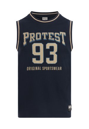 Marineblauw mouwloos sportshirt met beige tekst "PROTEST 93 ORIGINAL SPORTSWEAR." Heeft een geribde kraag en een gestructureerde stof.