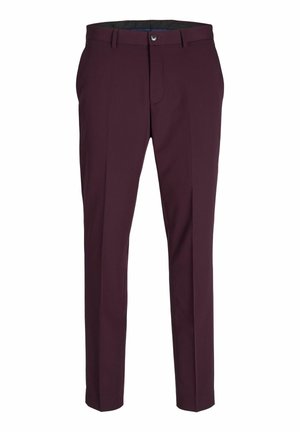 Pantalones de vestir burdeos con un ajuste entallado, con frente plano, trabillas para cinturón y cierre de botón único. Tejido suave con un brillo sutil.