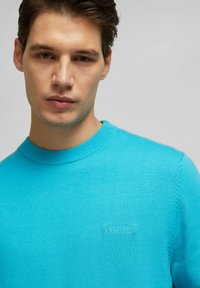 Türkiser Pullover aus leichtem Strickstoff, Rundhalsausschnitt, mit dezentem Branding in passendem Garn auf der Brust und geripptem Saum.