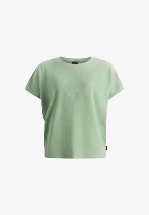 Lichtgroene top met korte mouwen, vervaardigd uit een gebreid patroon, ronde halslijn en een relaxte pasvorm. Beschikt over een klein merketiket aan de zijkant.