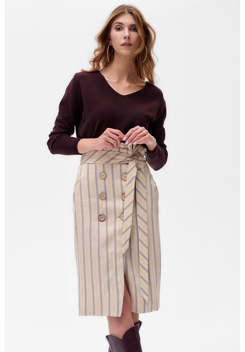Beige gestreepte rok met blauwe lijnen, zijstrik en knoopdetails. Gecombineerd met een donkere trui. Gladde stof textuur.