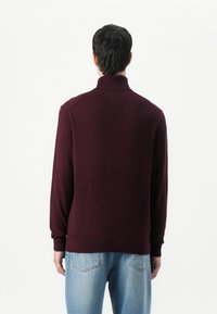 Pull en tricot bordeaux avec un col montant, des poignets et un ourlet côtelés. Le dos présente un subtil détail de couture, porté avec un jean bleu clair.