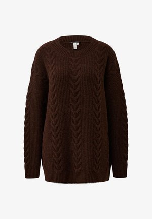 Brauner Strickpullover mit gerippter Textur und Kabeldetails. Mit einem runden Ausschnitt und überschnittenen Schultern.