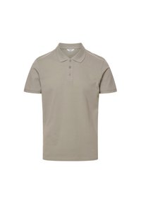 Koszulka polo z krótkim rękawem w jasnoszarym kolorze, z zapinanym na guziki dekoltem, żebrowanym kołnierzykiem oraz gładką teksturą. Prosty, klasyczny design.