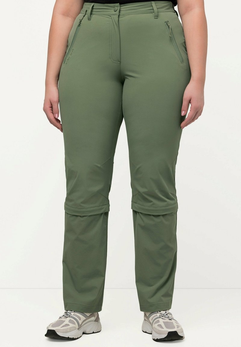 Pantaloni leggeri da outdoor verdi con gamba dritta, tasche anteriori con zip e orlo regolabile. Realizzati in materiale sintetico per garantire durata.