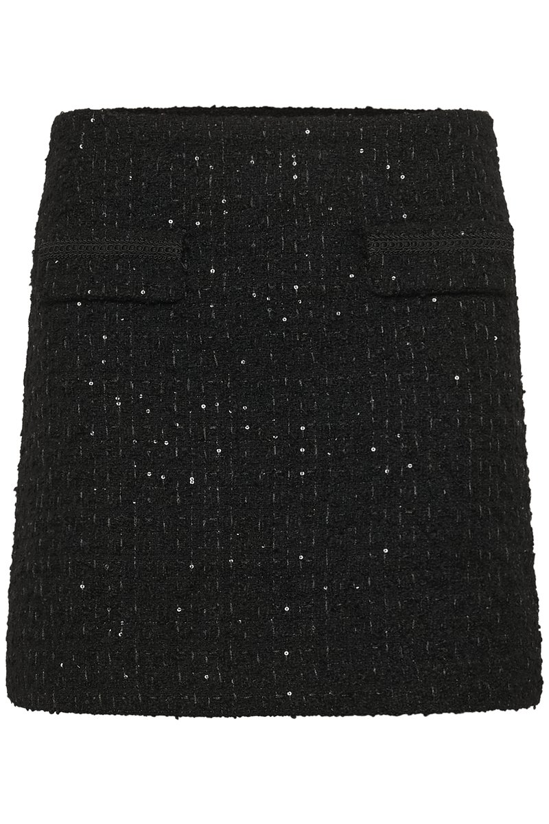 Schwarze gewebte Rock mit texturierter Oberfläche und dezenten metallischen Fadenakzenten. Verfügt über zwei Vordertaschen und eine gerade Silhouette.