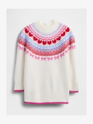 Biely sveter s okrúhlym výstrihom, farebné vzory srdiečok a mašlí v odtieňoch červenej, ružovej a modrej, s rebrovanými ružovými manžetami a lemom.