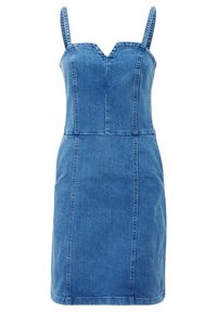 Denim kjole, lyseblå, tætsiddende design, V-udskæring, justerbare stropper, med sømdetaljer og lige skirt. Glat struktur.