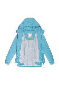 Giacca impermeabile azzurro chiaro con cappuccio, chiusura frontale a zip e foderatura interna in satin. Presenta un'etichetta all'interno con i dettagli del marchio.