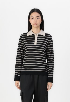Polo à manches longues noir et beige à rayures, avec un col et une patte de boutonnage, fabriqué dans un tissu texturé doux.
