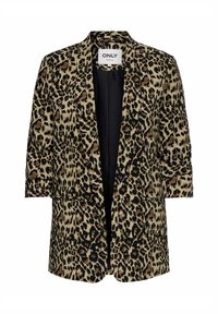 Jakna s leopard uzorkom u bež, crnoj i smešnoj boji. Dizajn na otvoreno s kratkim rukavima i dva prednja džepa. Glatka tekstura tkanine.