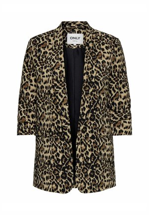 Kabát s leopardím vzorem v béžové, černé a hnědé barvě. Design s otevřeným předním dílem, krátké rukávy a dvě přední kapsy. Hladká textura látky.