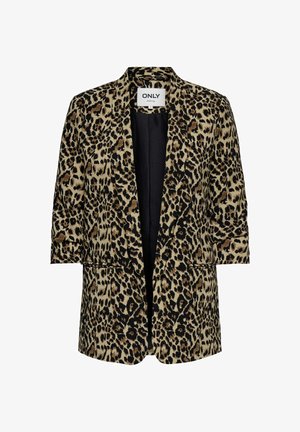 Jakna s leopard uzorkom u bež, crnoj i smešnoj boji. Dizajn na otvoreno s kratkim rukavima i dva prednja džepa. Glatka tekstura tkanine.