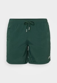 Herre svømmershorts, mørkegrønn, lett materiale, elastisk midjebånd med snor, kontrasterende logodetalj på kanten.
