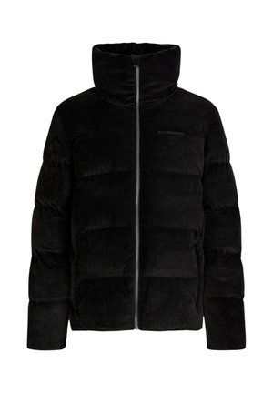 Svart kordfläktad puffjacka med hög krage, dragkedjestängning framtill och en kviltad design med horisontella paneler och kraftig vaddering.