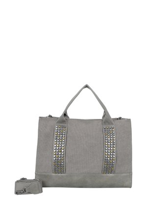 Graue Leinenshoppingtasche mit zwei genagelten Trägern, einem glatten unteren Abschnitt und einem abnehmbaren Schulterriemen. Verfügt über einen Reißverschluss.