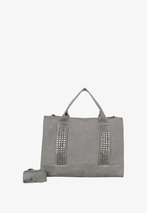 Graue Leinenshoppingtasche mit zwei genagelten Trägern, einem glatten unteren Abschnitt und einem abnehmbaren Schulterriemen. Verfügt über einen Reißverschluss.