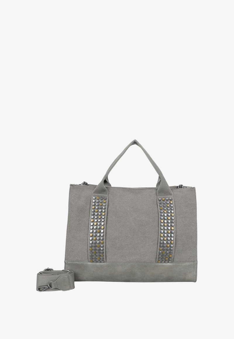 Grijze canvas draagtas met twee gestikte hengsels, een gladde onderkant en een afneembare schouderriem. Voorzien van een ritsluiting.