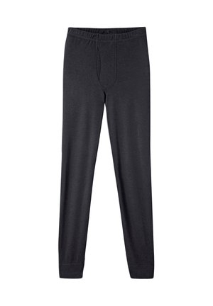 Zwarte lange thermobroek met elastische tailleband en voorvlieg, plat weergegeven op een witte achtergrond.
