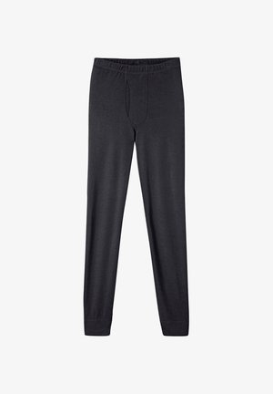 Pantaloni termici lunghi neri con vita elastica e apertura frontale con patta, mostrati distesi su sfondo bianco.