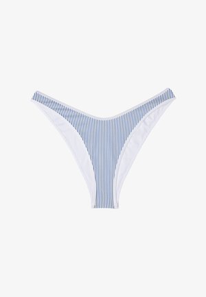 Parte inferior de bikini blanca con rayas verticales azules, que presenta un diseño de corte alto y una textura suave. Los bordes están cuidadosamente terminados.