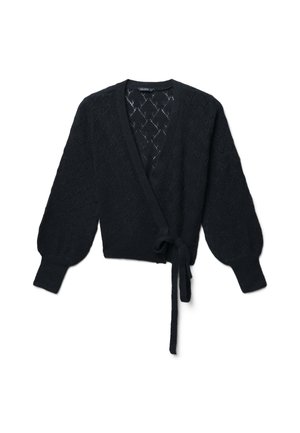 Cardigan en tricot noir avec un décolleté en V, des manches bouffantes, un motif en losanges, un lien à la taille et une finition texturée.