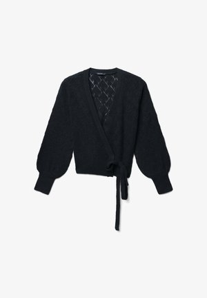 Cardigan nero a maglia con scollatura a V, maniche a sbuffo, motivo a rombi, chiusura con lacci in vita e finitura testurizzata.