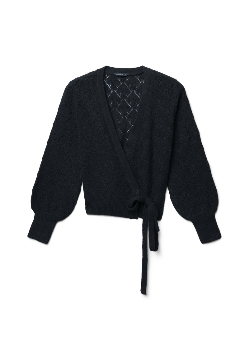 Cardigan nero a maglia con scollatura a V, maniche a sbuffo, motivo a rombi, chiusura con lacci in vita e finitura testurizzata.