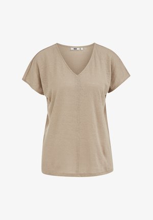 Beež lühikeste varrukatega naiste V-kaelusega pluus, millel on lõdvestunud lõige ja esiküljel nähtav keskmine õmblusdetail.