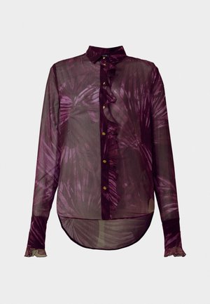Camicia trasparente a maniche lunghe di un profondo viola con una fronte arricciata, chiusura con bottoni e motivo a foglia di palma. Orlo arrotondato con polsini a campana.