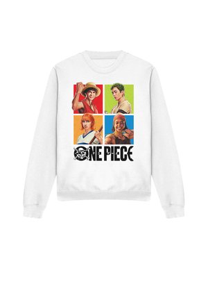 White sweatshirt with four colorful portraits of One Piece characters and the series logo below them on the front.