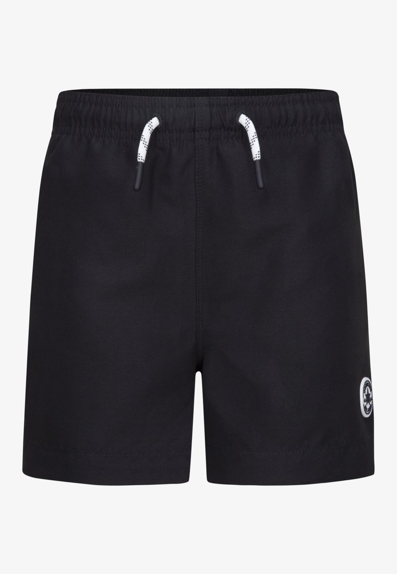 Shorts de bain noirs en tissu léger, avec une taille à cordon de serrage aux accents blancs et un logo circulaire sur la jambe gauche.