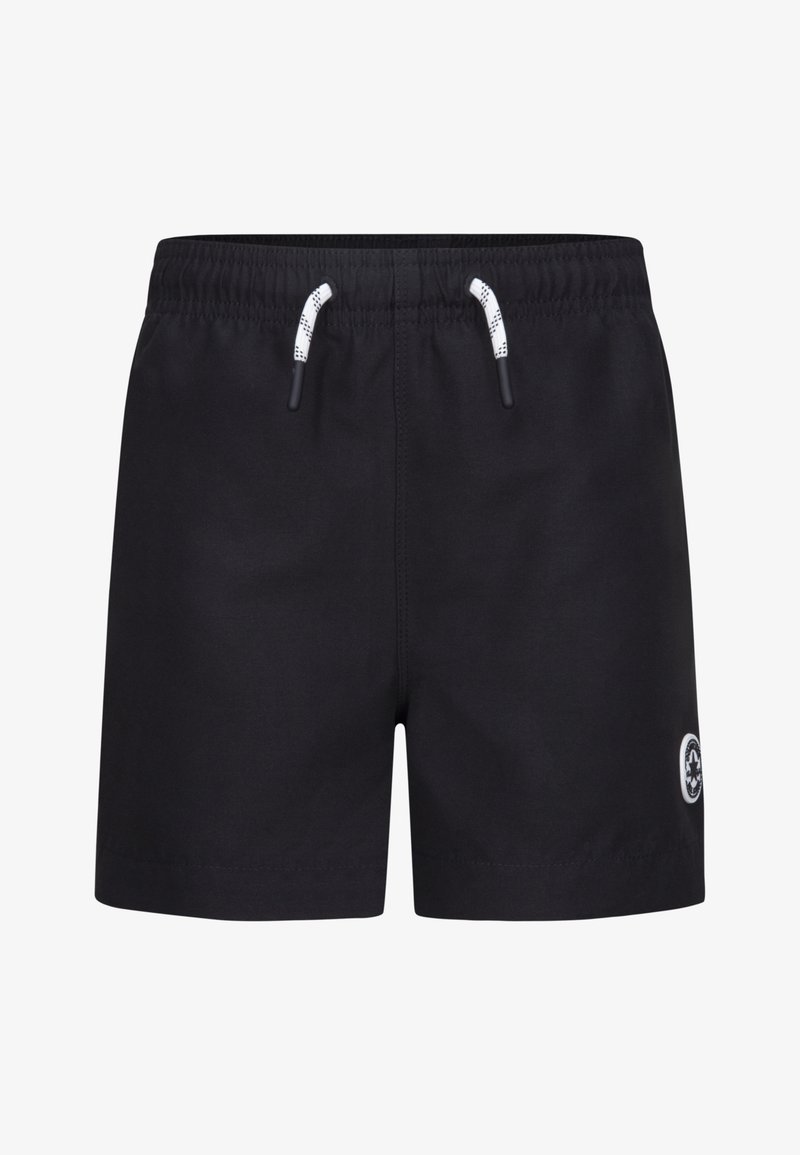 Shorts de bain noirs en tissu léger, avec une taille à cordon de serrage aux accents blancs et un logo circulaire sur la jambe gauche.