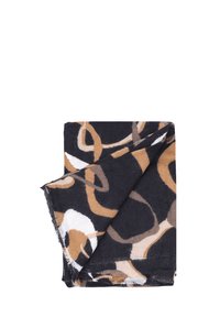 Sciarpa nera con motivi circolari marroni, beige e bianchi. Texture morbida con bordi sfilacciati. Forma rettangolare, caratterizzata da design sovrapposti.