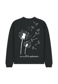 Felpa nera con una grafica di un soffione bianco e la scritta "saremo efimeri". Il design ha una texture liscia e una vestibilità comoda.