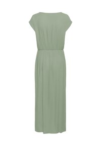 Maxi dress in soft green fabric, featuring a rounded neckline, short sleeves, and gathered waist for a relaxed fit, reaching down to the ankles.